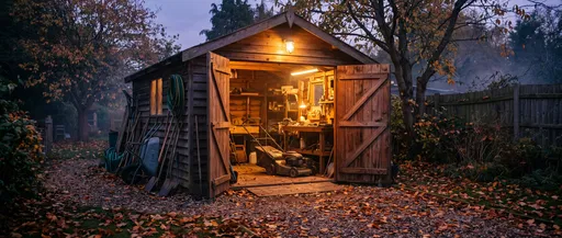 Illuminated Wooden Garden Shed at Dusk