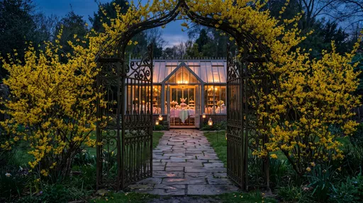 Forsythia Framed Gate To Lit Conservatory