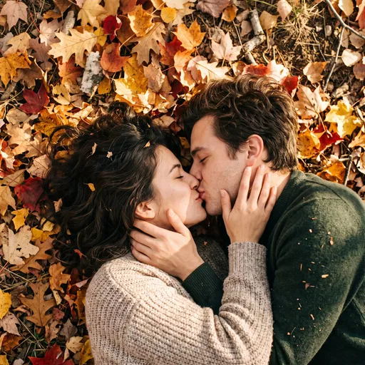 Couple Kissing on Autumn Leaves