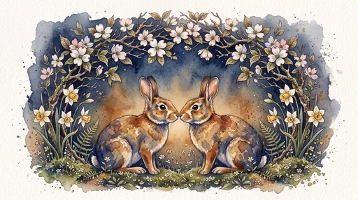 Watercolor Rabbits Under Floral Archway