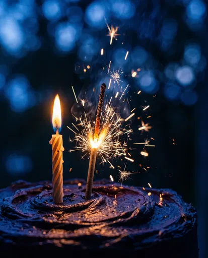 Birthday Candle and Sparkler on Dark Cake