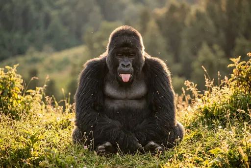 Gorilla Sticking Tongue Out in Meadow