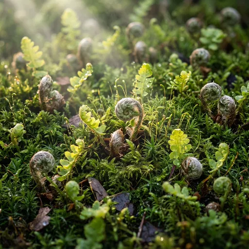 Young Fern Fiddleheads in Sunlit Moss