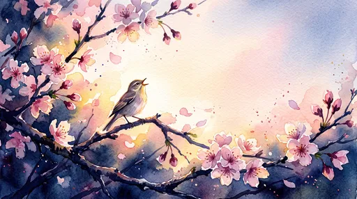Watercolor Songbird on Cherry Blossom Branch