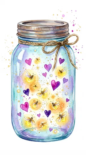 Watercolor Mason Jar With Fireflies and Hearts