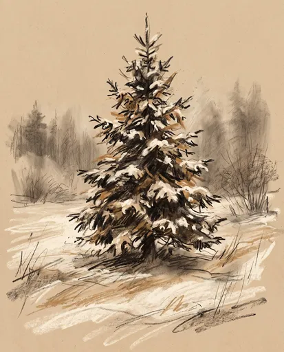 Charcoal Sketch of Snowy Fir Tree