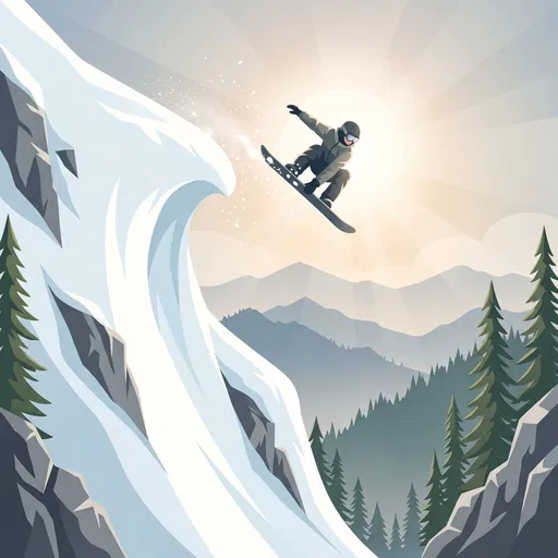 Snowboarder Jumping Off Snowy Cliff Illustration