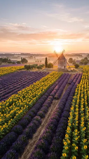 Sunrise Over Lavender and Sunflower Field