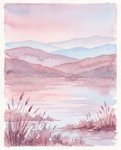 Pastel Watercolor Lake and Layered Hills