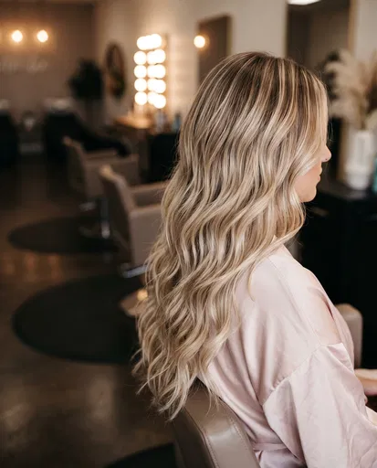 Woman With Blonde Balayage Waves in Salon