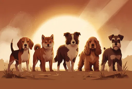 Five Medium Dog Breeds at Sunset