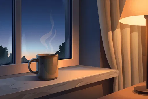 Steaming Mug on Windowsill at Dawn