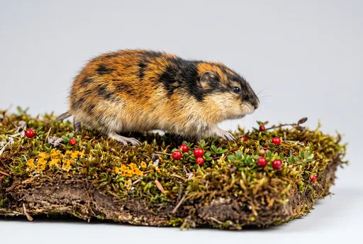 Norwegian Lemming on Mossy Tundra Slab