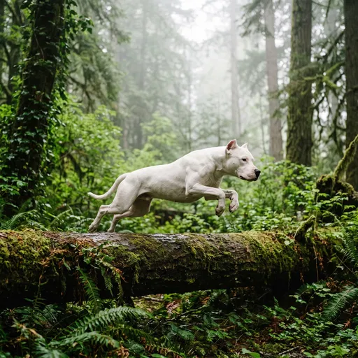 Dogo Argentino Leaping in Misty Forest