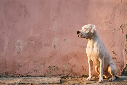 White Dogo Argentino Against Pink Stucco Wall