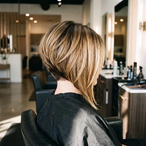 Inverted Stacked Blonde Bob in Salon