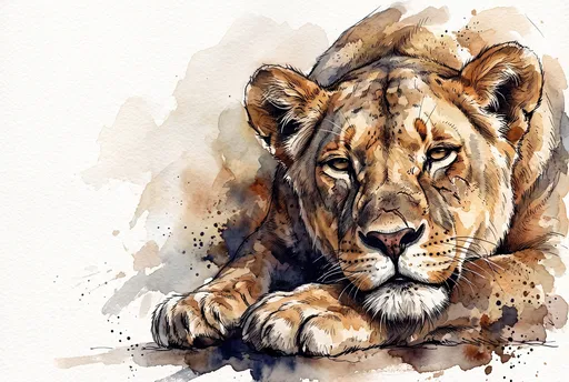 Watercolor Illustration of Resting Scarred Lioness