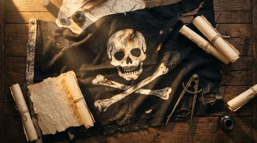 Tattered Pirate Flag On Wooden Table