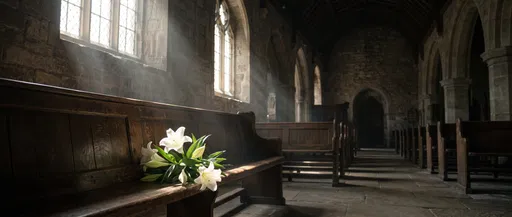 White Lilies on Wooden Chapel Pew