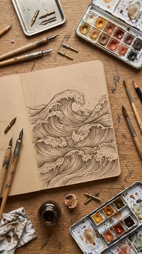 Sepia Ink Wave Sketchbook Flat Lay