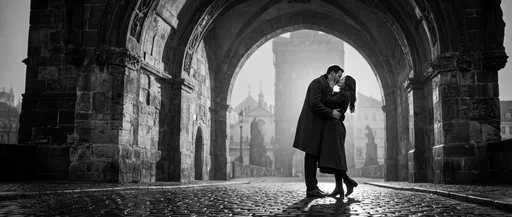Couple Kissing Under Historic Stone Archway