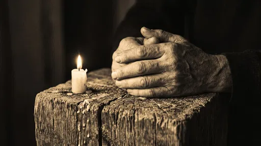 Weathered Hands Beside Burning Candle