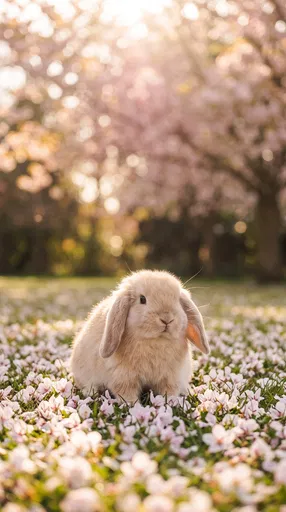 Cream Mini Lop Rabbit Among Spring Blossoms
