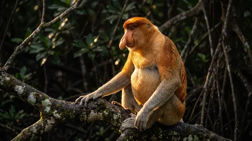 Proboscis Monkey Sitting on Mangrove Branch