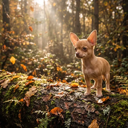 Fawn Chihuahua Puppy on Autumn Log