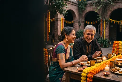 South Asian Couple Laughing at Festive Table