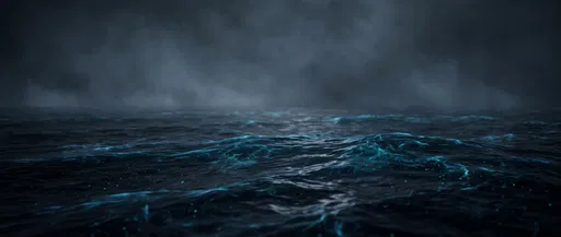 Bioluminescent Ocean Waves Under Foggy Sky