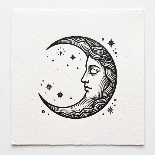 Woodcut Crescent Moon Face Illustration