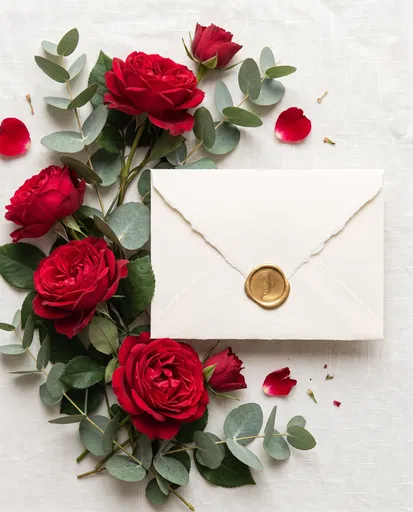 Red Roses and Wax Sealed Envelope Flat Lay