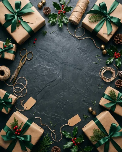 Christmas Gift Wrapping Flat Lay on Slate
