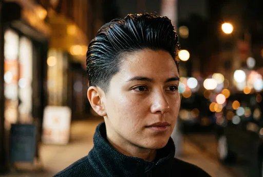 Night Portrait With Slicked-Back Pompadour Hair