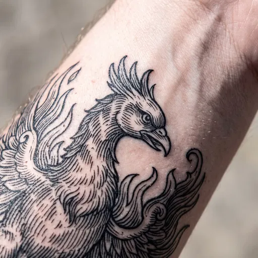 Close-Up of Woodcut Style Phoenix Forearm Tattoo