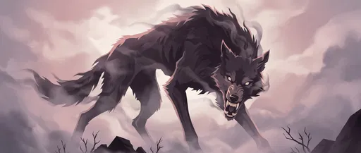 Shadow Wolf Baring Fangs in Mist