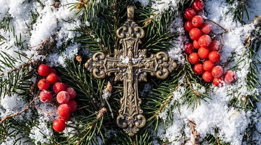 Ornate Brass Cross on Snowy Pine