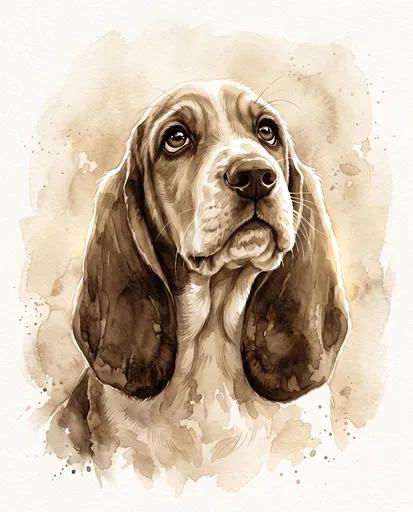 Sepia Watercolor Basset Hound Puppy Portrait