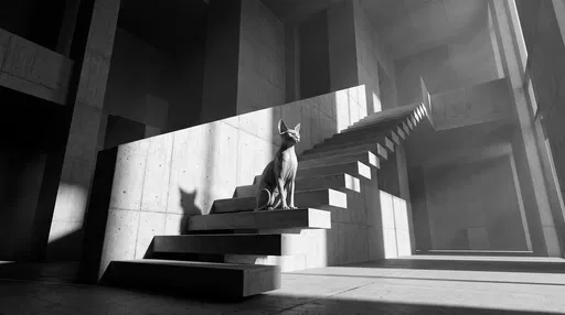 Sculptural Sphynx Cat on Brutalist Staircase