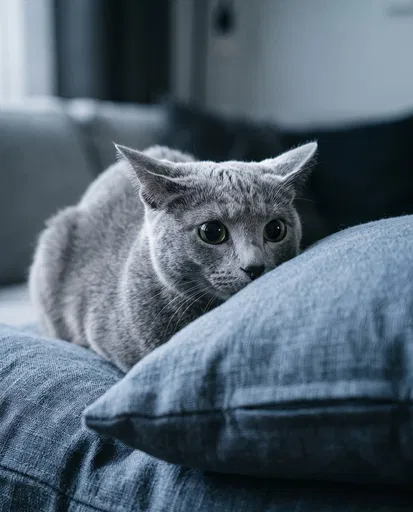 Timid Gray Cat Hiding Behind Cushion