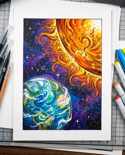Marker Illustration of Earth and Sun