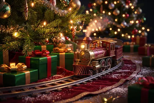 Toy Train Under Illuminated Christmas Tree