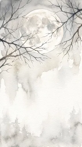 Watercolor Full Moon Behind Bare Branches