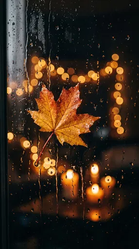 Wet Maple Leaf on Rainy Window