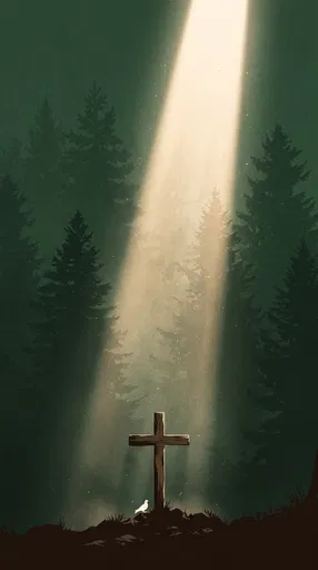 Wooden Cross and Dove in Forest Sunbeam