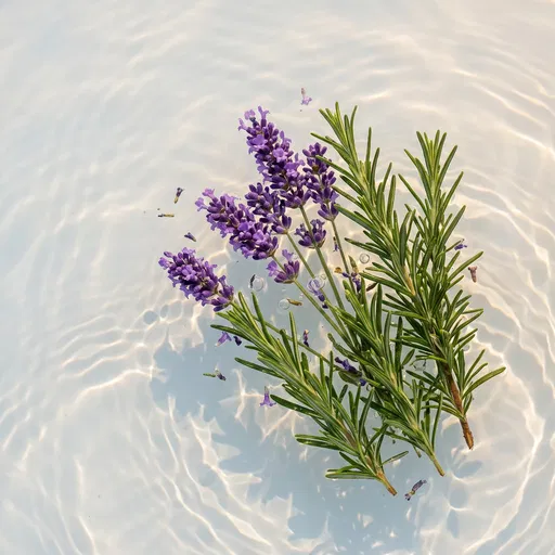 Lavender and Rosemary Floating on Rippled Water