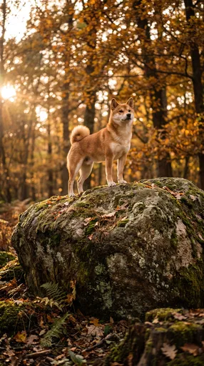 Shiba Inu Standing on Mossy Boulder