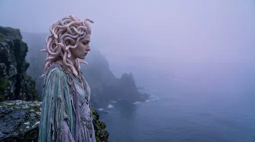 Melancholic Gorgon Priestess on Misty Cliff