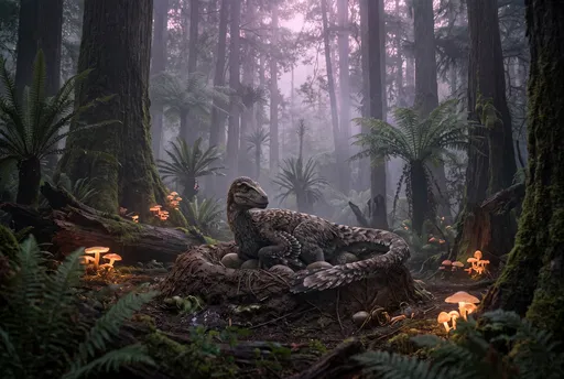 Feathered Raptor Brooding on Forest Nest
